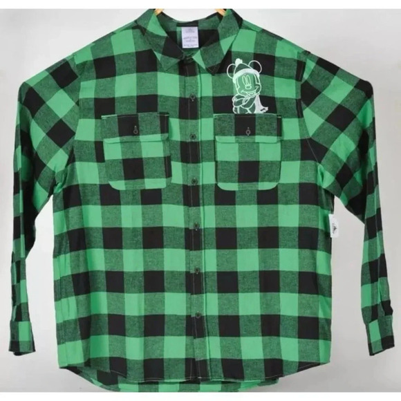 Disney Mickey Mouse‎ Button-Up Shirt womens large Green Plaid Flannel #31 - Picture 1 of 2
